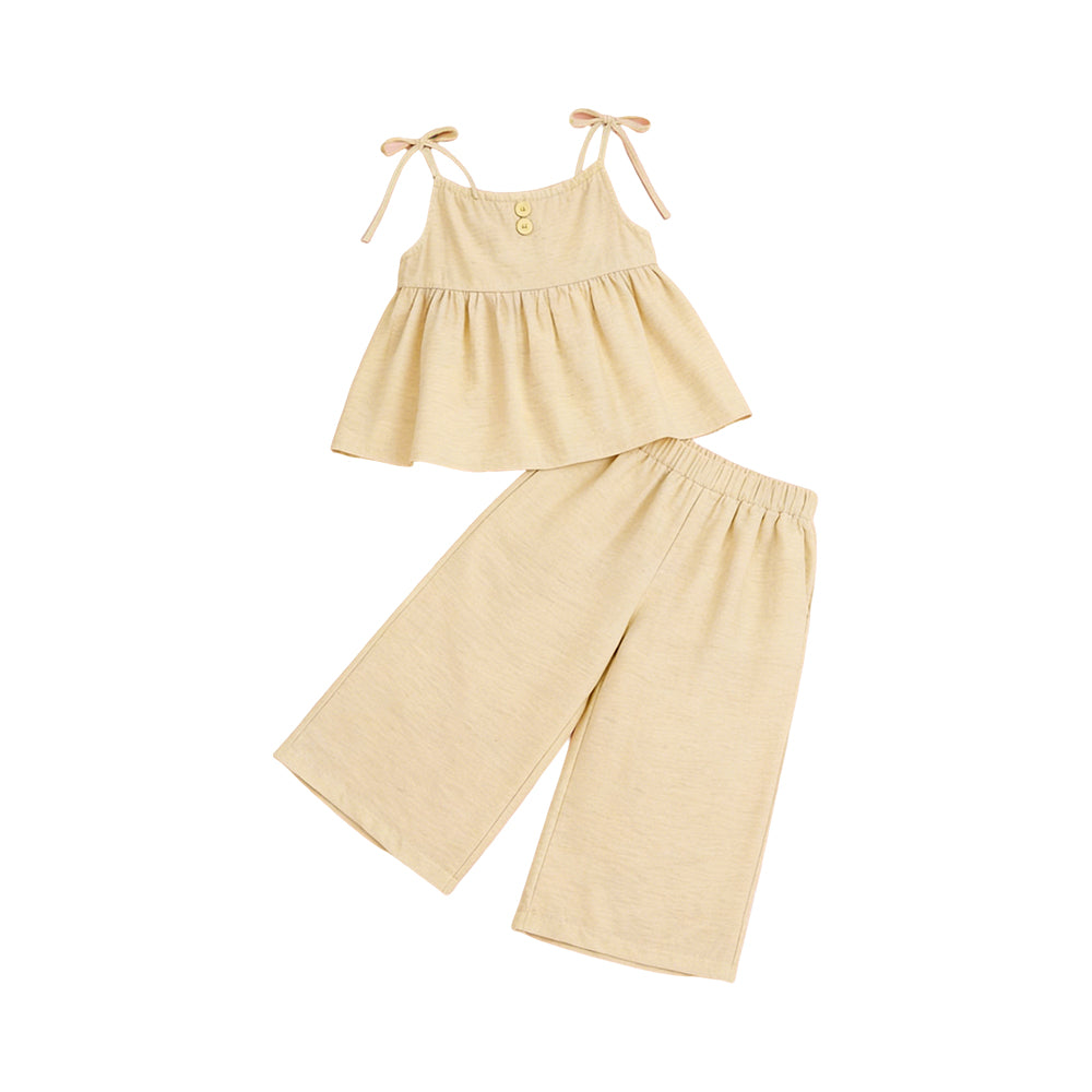 3.19 GSPO2300 Preorder Khaki Strap Top Straight Pants Girls Summer Clothes Set