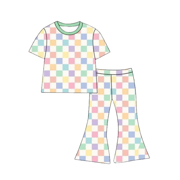 3.30 Pastel Checkered Girls Flare Pants & Short Sleeve Top Toddler Outfit