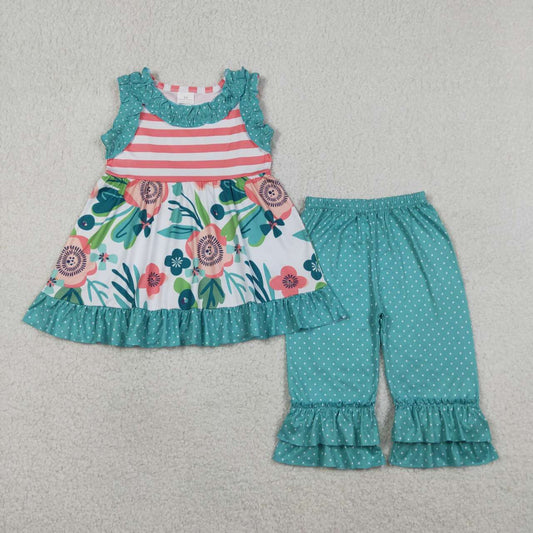 (Promotion)GSPO2314 Flowers Sleeveless Tunic Top Ruffle Capri Pants Girls Summer Clothes Set