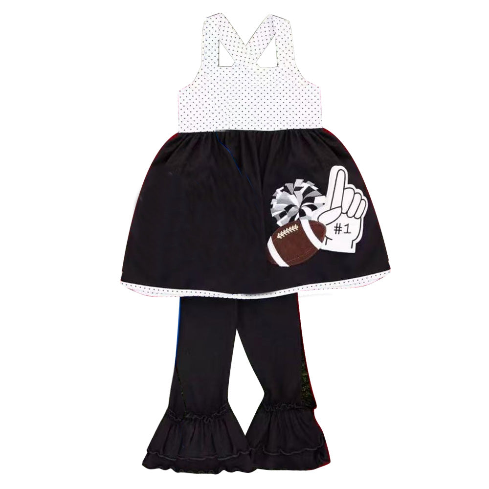 4.22 Preorder GSPO2320 Football Cheer Dots Black Tunic Top Ruffle Pants Girls Clothes Set