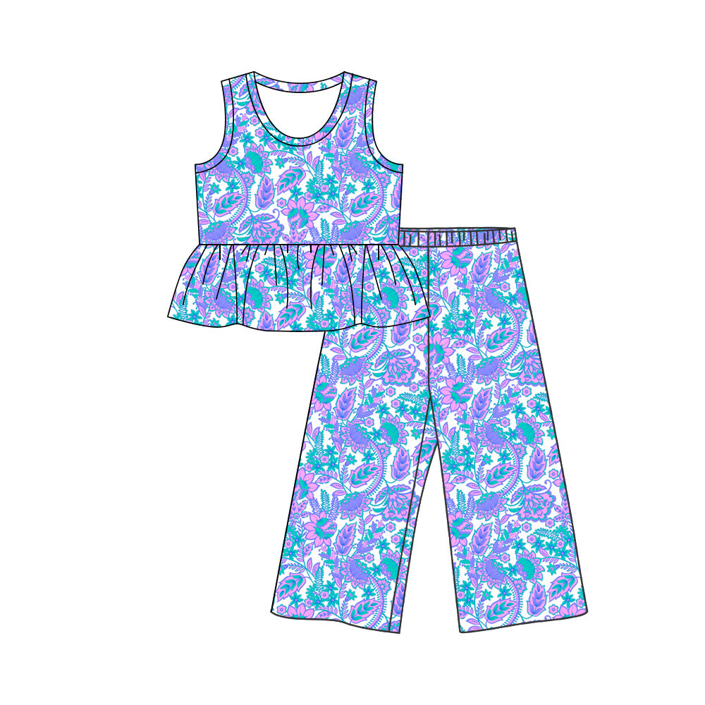 5.9 Girls Purple & Teal Paisley Peplum Set - Sleeveless Top & Wide Leg Pants Preorder