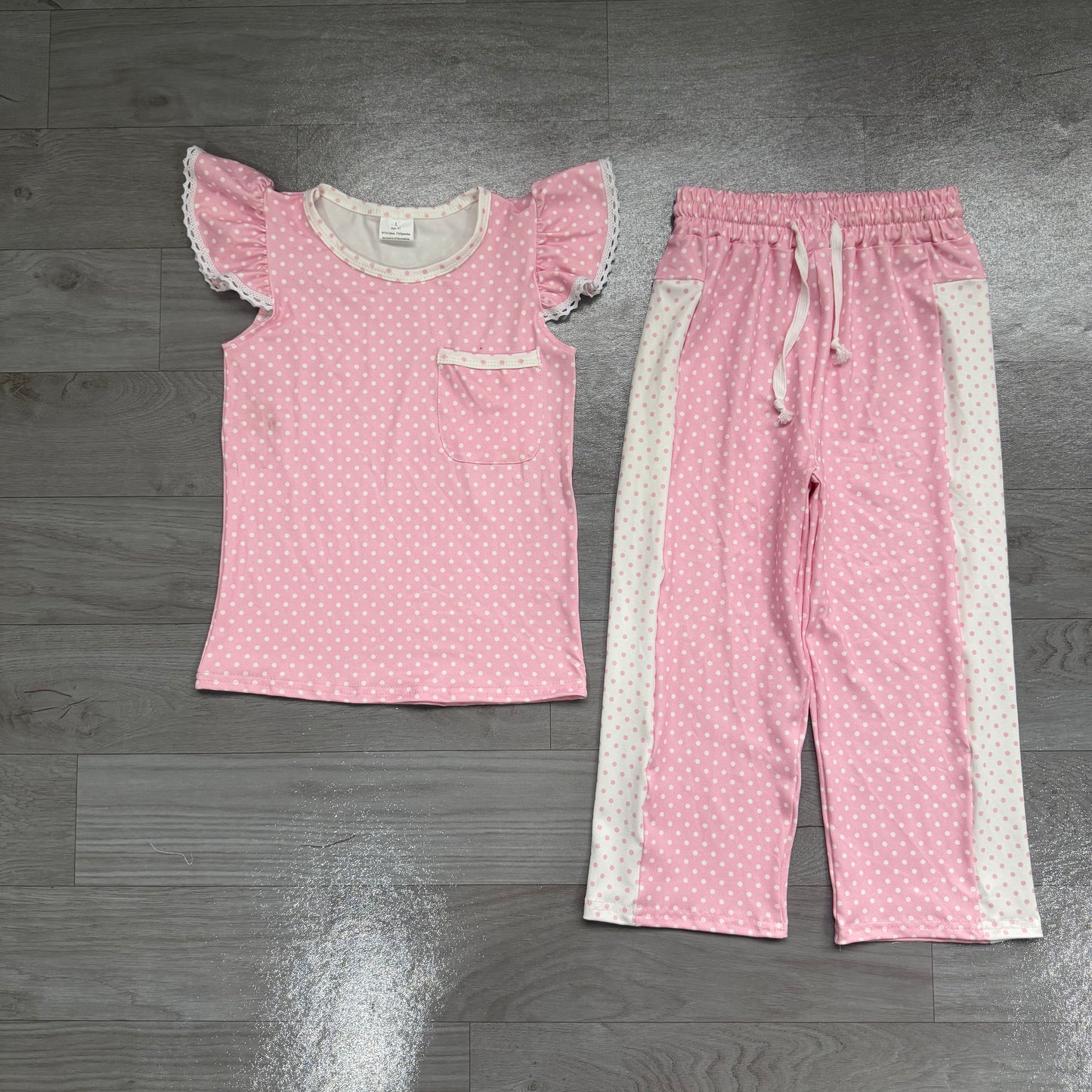 Preorder Girls Pink Polka Dot Ruffle Tank & Wide Leg Pants 2 Piece Outfit