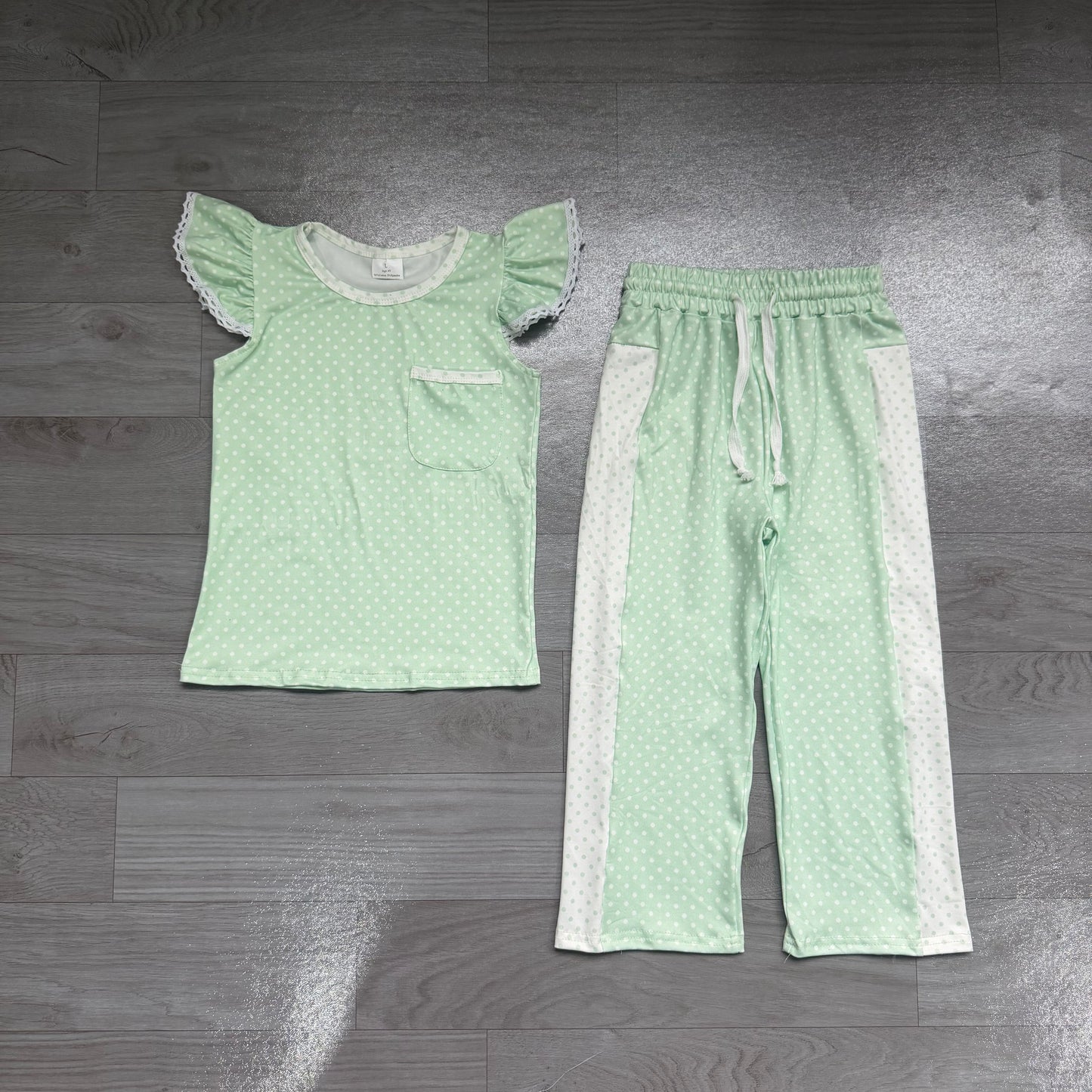 Preorder Girls Green Polka Dot Ruffle Tank & Wide Leg Pants 2 Piece Outfit