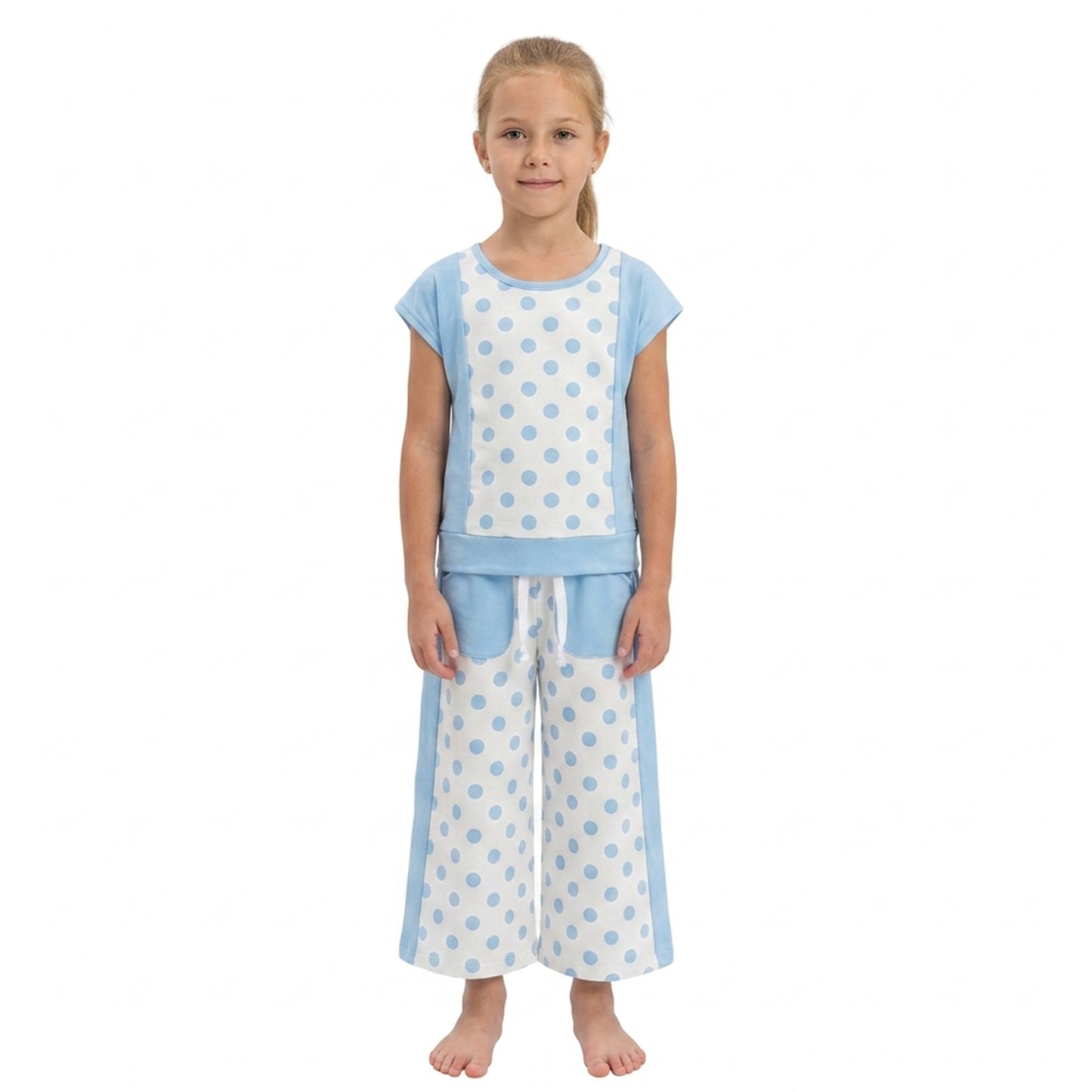 GSPO2334 Dots Blue Patchwork Top Pockets Pants Girls Clothes Set