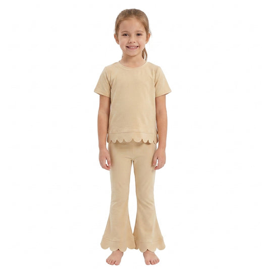 GSPO2340 Khaki Cotton Scallop Edge Short Sleeve Bell Pants Girls Clothes Set
