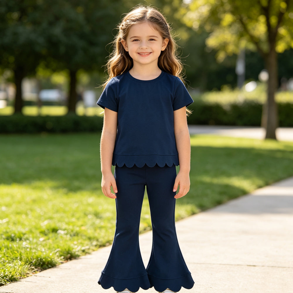 GSPO2343 Navy Cotton Scallop Edge Short Sleeve Bell Pants Girls Clothes Set