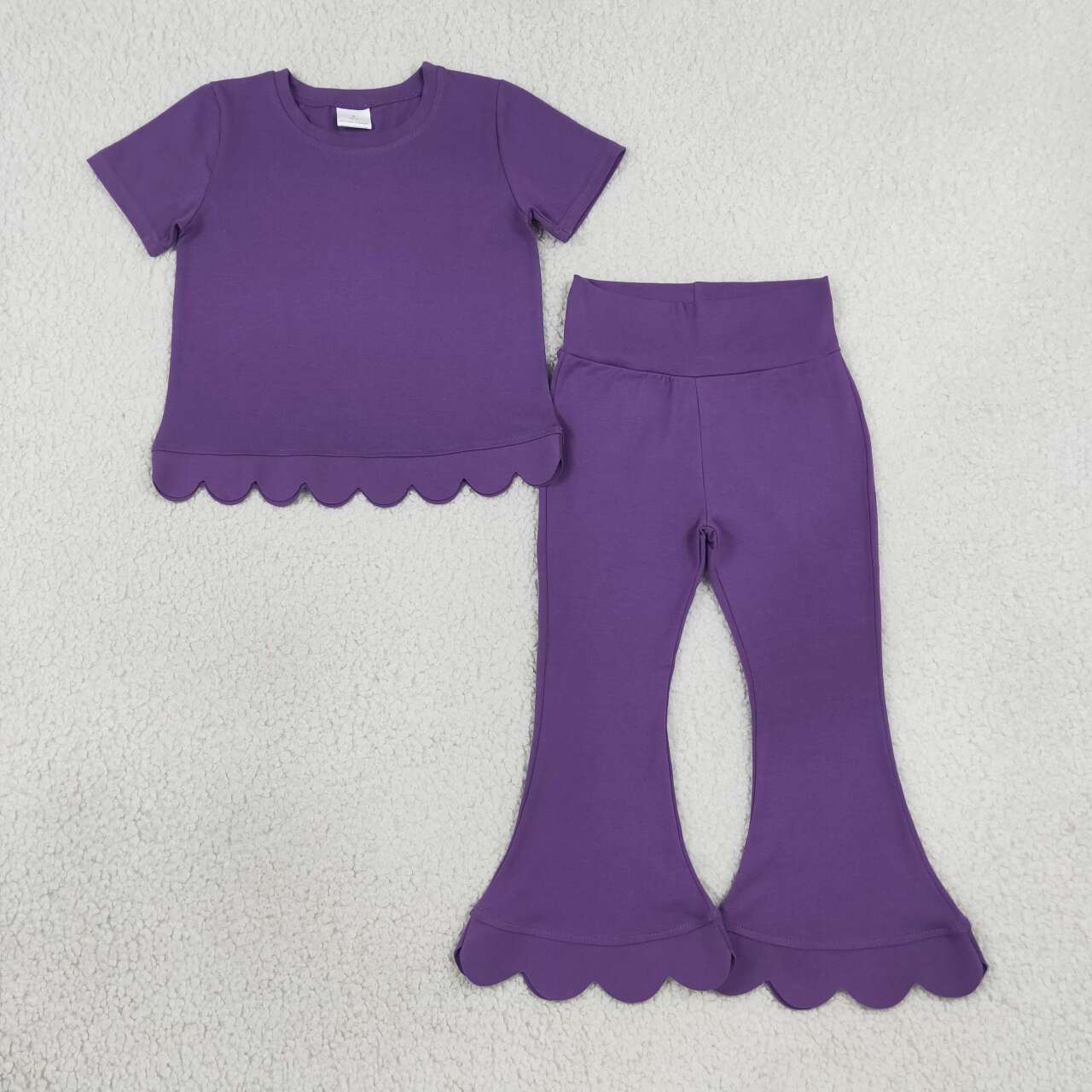 GSPO2346 Purple Cotton Scallop Edge Short Sleeve Bell Pants Girls Clothes Set