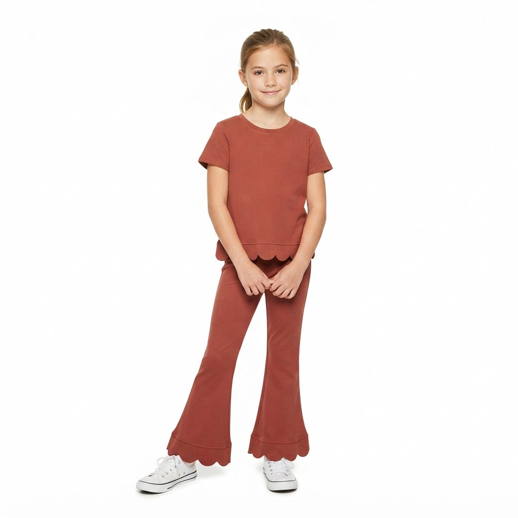 GSPO2347 Brown Cotton Scallop Edge Short Sleeve Bell Pants Girls Clothes Set