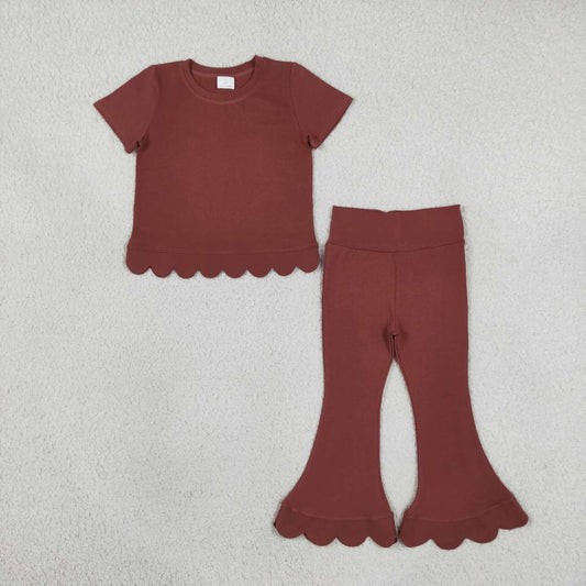 GSPO2347 Brown Cotton Scallop Edge Short Sleeve Bell Pants Girls Clothes Set