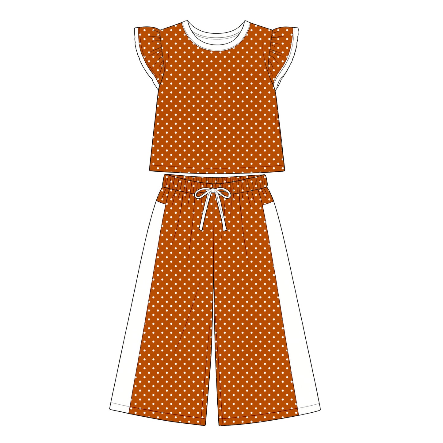 8.8 GSPO2362 Preorder Pumpkin Polka Dot Flutter Sleeve Top Straight Pockets Pants Girls Clothes Set