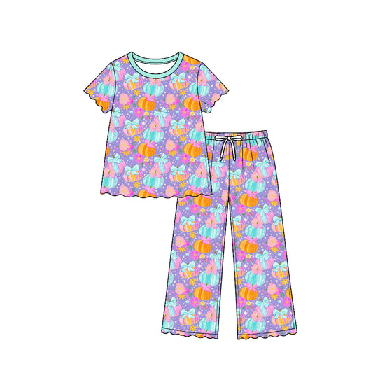8.13 GSPO2364 Preorder Pumpkin Flowers Bows Print Girls Fall Scallop Edge Clothes Set