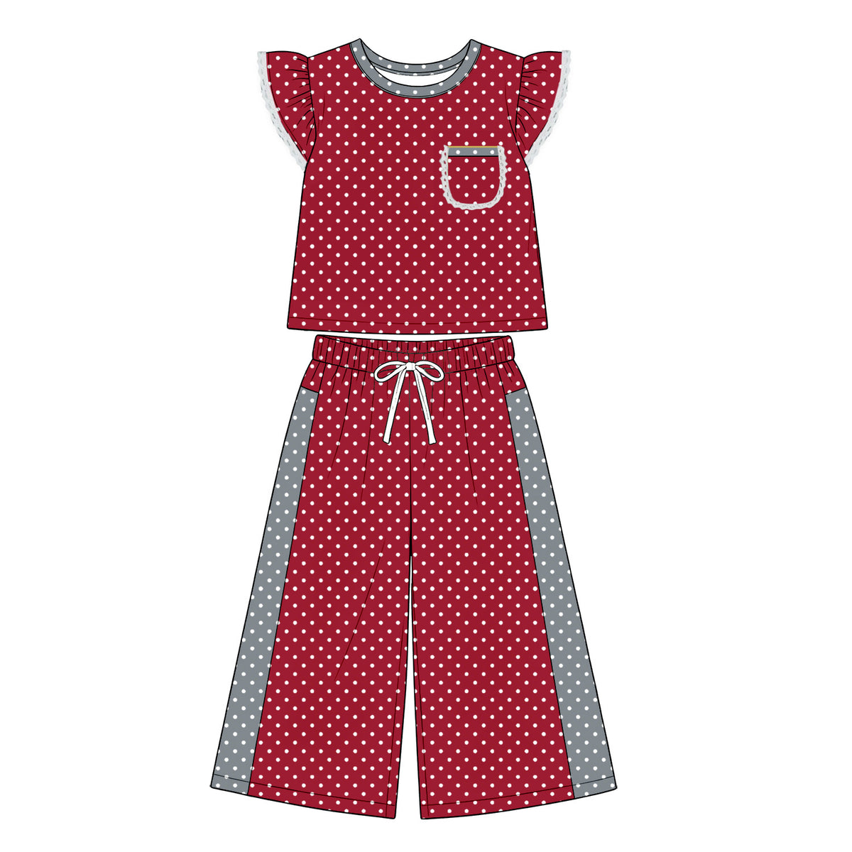 8.20 GSPO2371 Preorder Kids Girls Dark Red Polka Dot Ruffle Sleeve Top with Wide Leg Pants Outfit