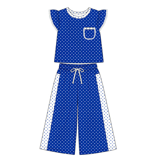 8.20 GSPO2371 Preorder Kids Girls Royal Blue Polka Dot Ruffle Sleeve Top with Wide Leg Pants Outfit