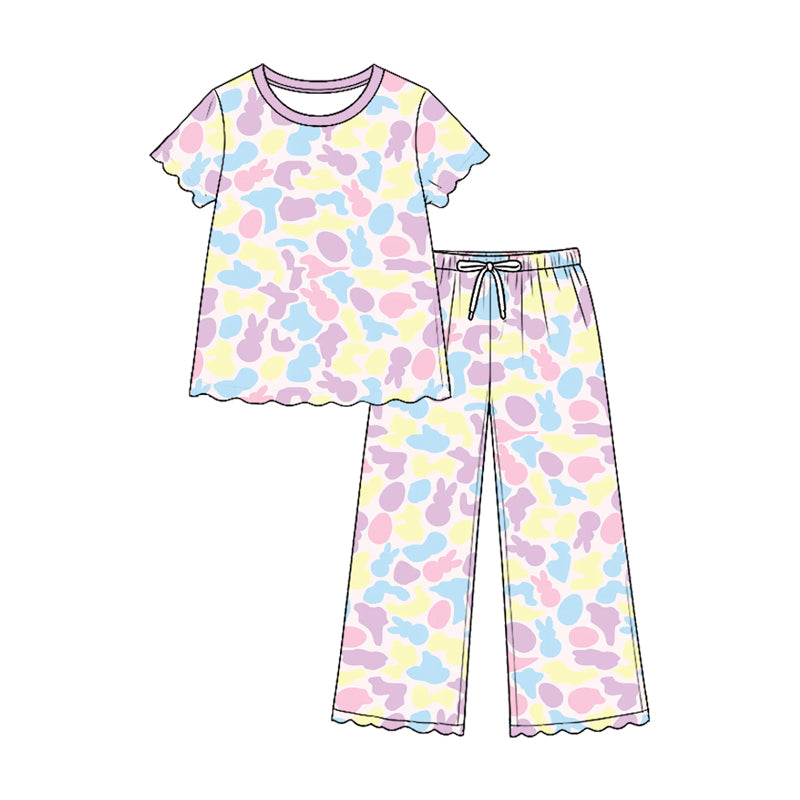 8.29 GSPO2376 Preorder Colorful Bunny Camo Top Straight Pants Girls Easter Clothes Set