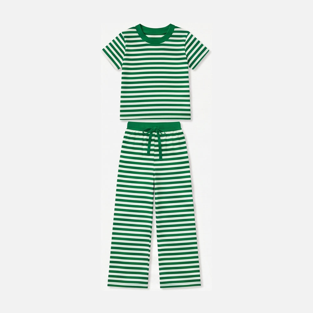 9.5 GSPO2383 Preorder Green Stripes Print Short Sleeve Top Straight Pants Girls Clothes Set