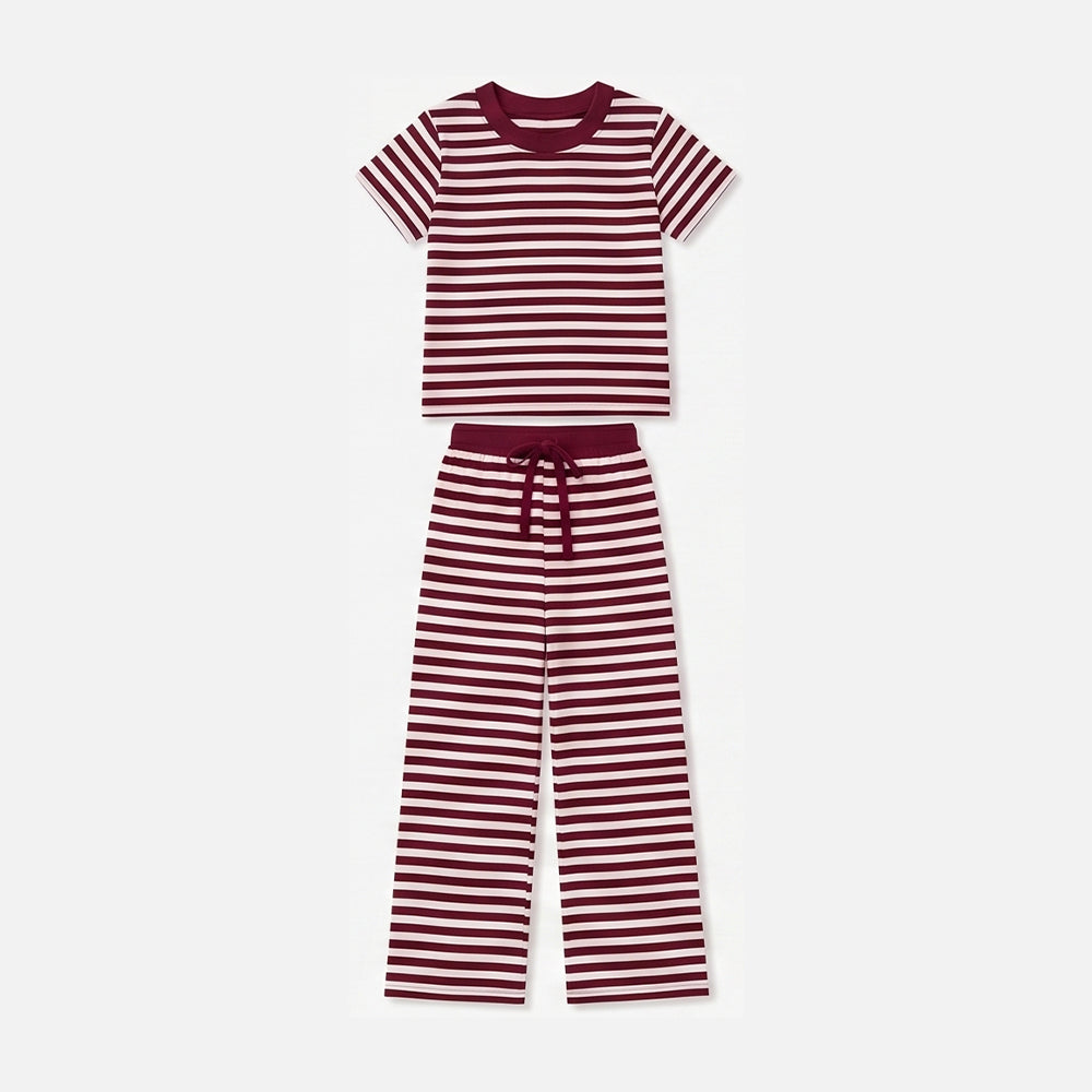 GSPO2384 Wine Red Stripes Print Short Sleeve Top Straight Pants Girls Clothes Set
