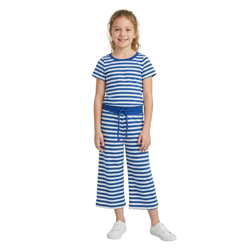 GSPO2385 Blue Stripes Print Short Sleeve Top Straight Pants Girls Clothes Set