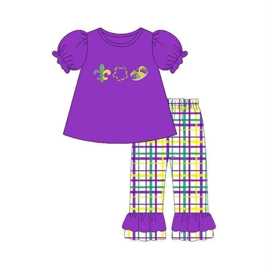 9.16 GSPO2395 Preorder Anchor Donut Purple Top Checkered Pants Girls Mardi Gras Clothes Set