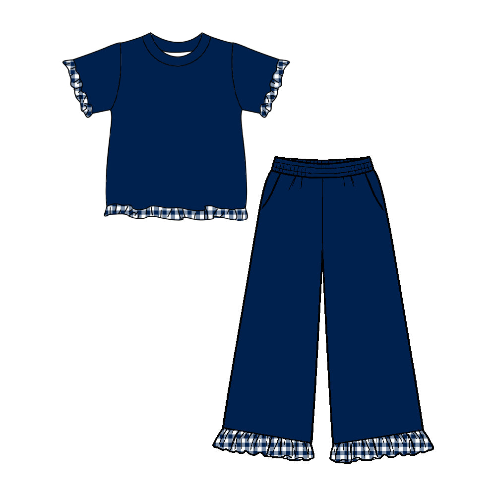 10.16 GSPO2409 Preorder Kids Girls Navy Short Sleeve Top Pants Outfit with Gingham Tirm