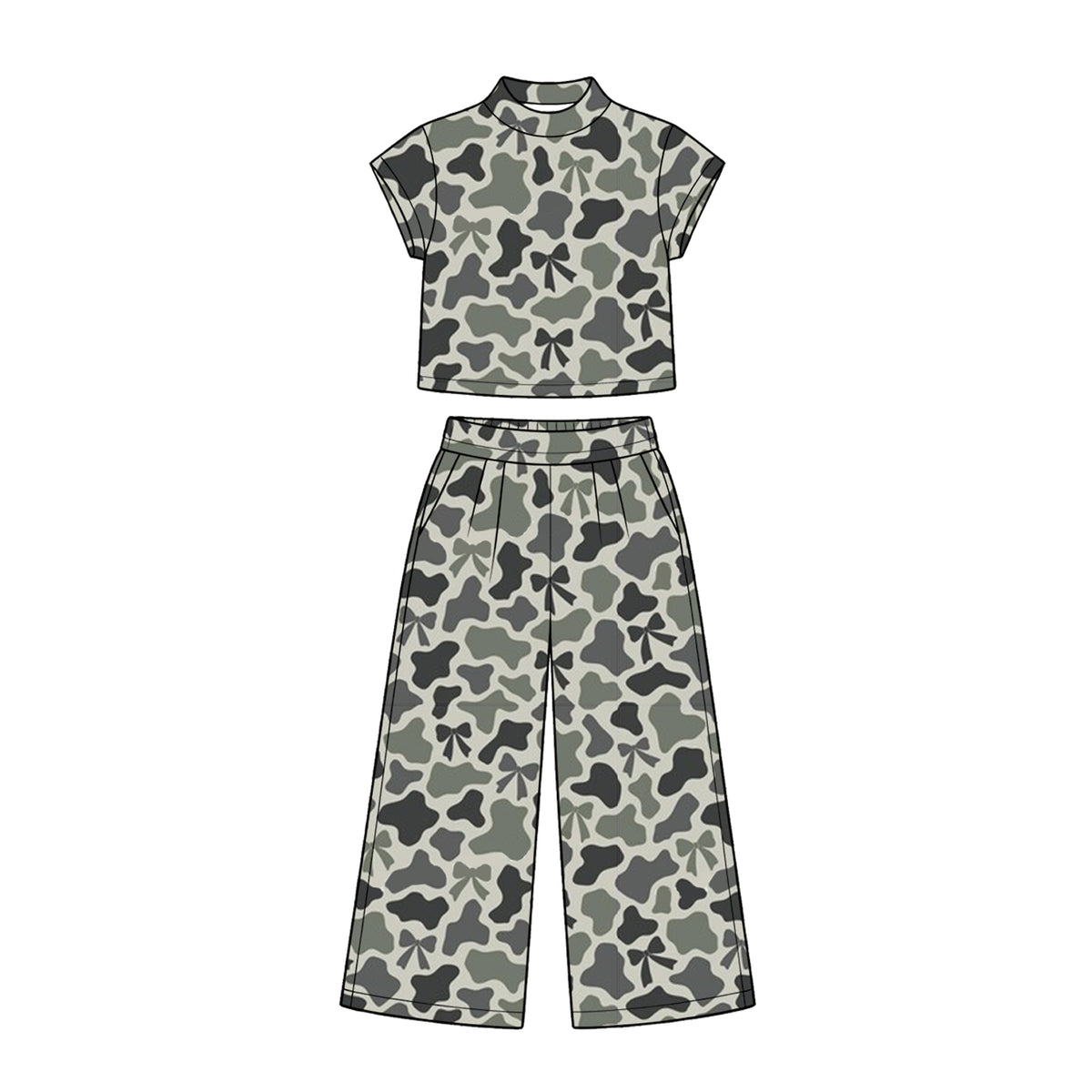 10.16 GSPO2411 Preorder Bows Dark Green Grey Camo Print Mock Neck Top Straight Pants Girls Clothes Set