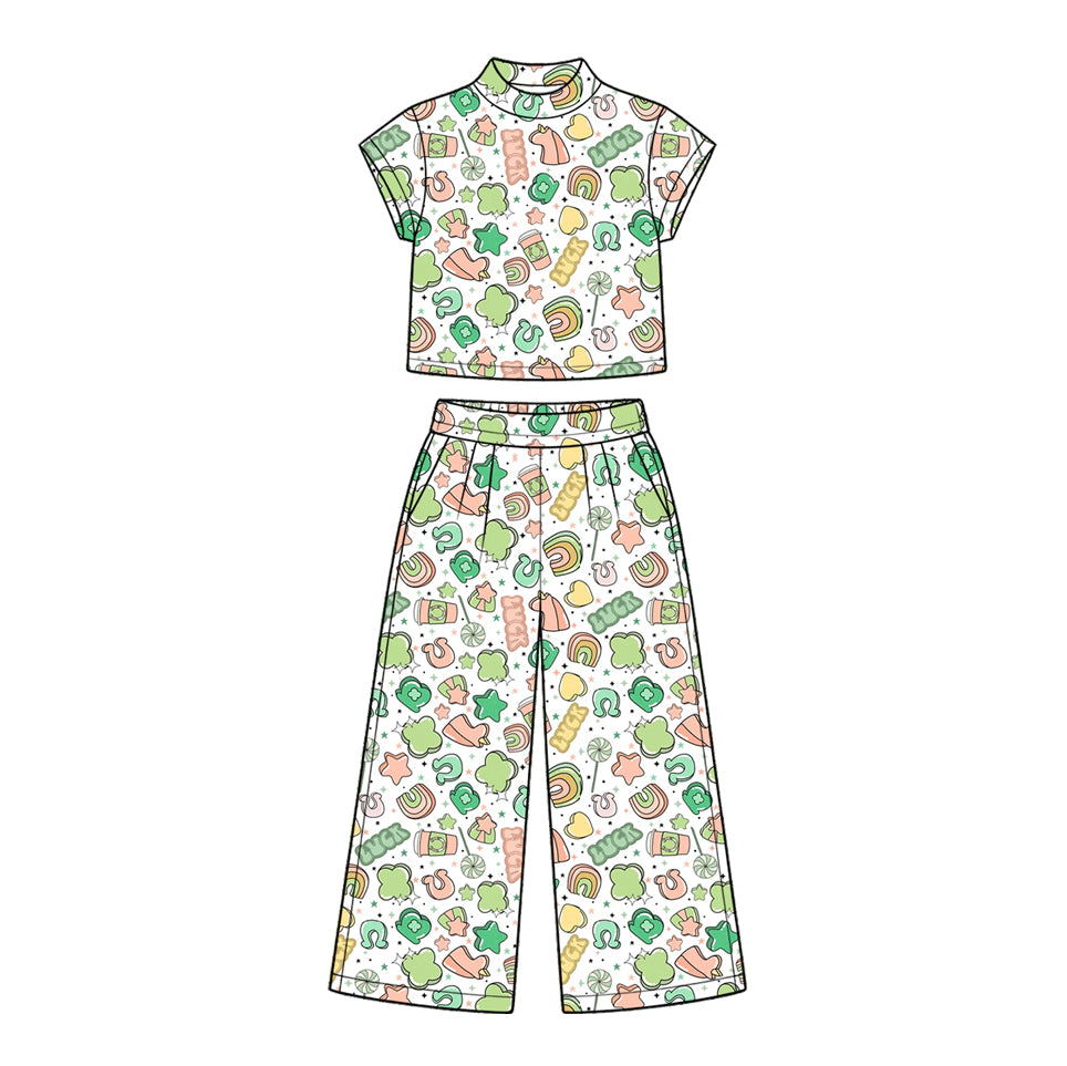 10.16 GSPO2413 Preorder Lucky Rainbow Stars Print Mock Neck Top Straight Pants Girls St Patrick Day Clothes Set