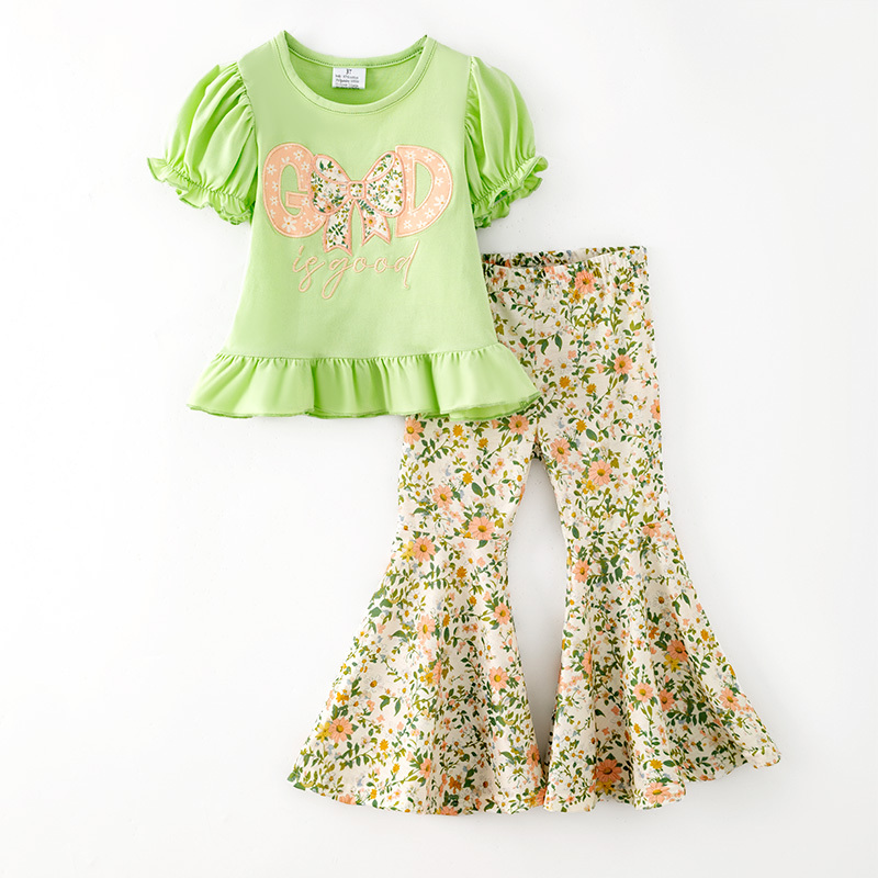 10.29 GSPO2430 Preorder Kids Girls Dog is Good Floral Bell Bottom Pants Outfit