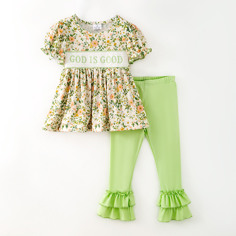 10.29 GSPO2431 Preorder Kids Girls Dog is Good Floral Tunic Top Green Ruffle Pants Outfit