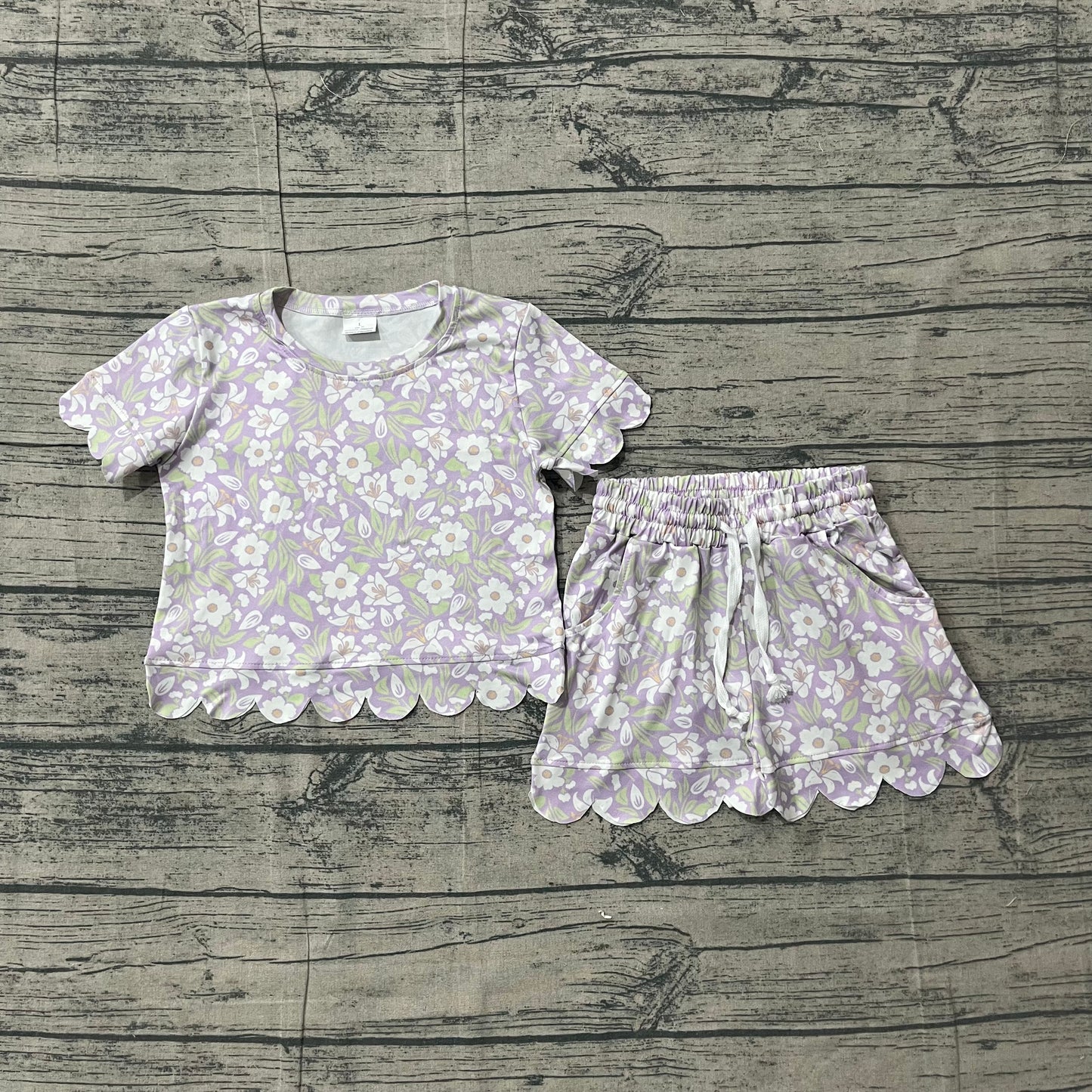 GSSO3265 White Purple Flowers Print Girls Summer Scallop Clothes Set