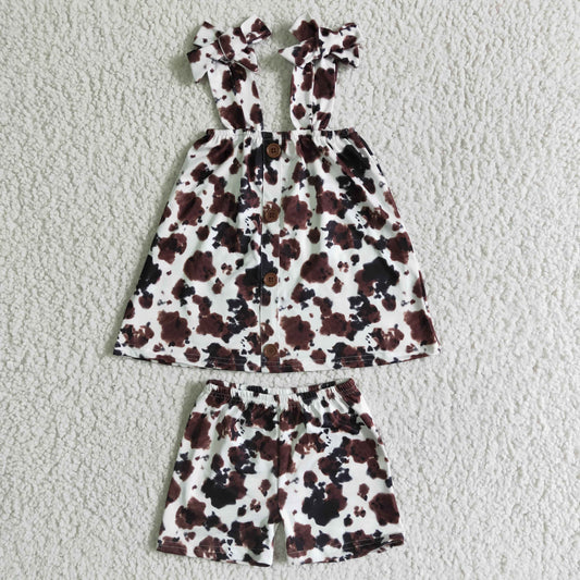 (Promotion)Halter top and shorts brown cow print girls summer outfits GSSO0037