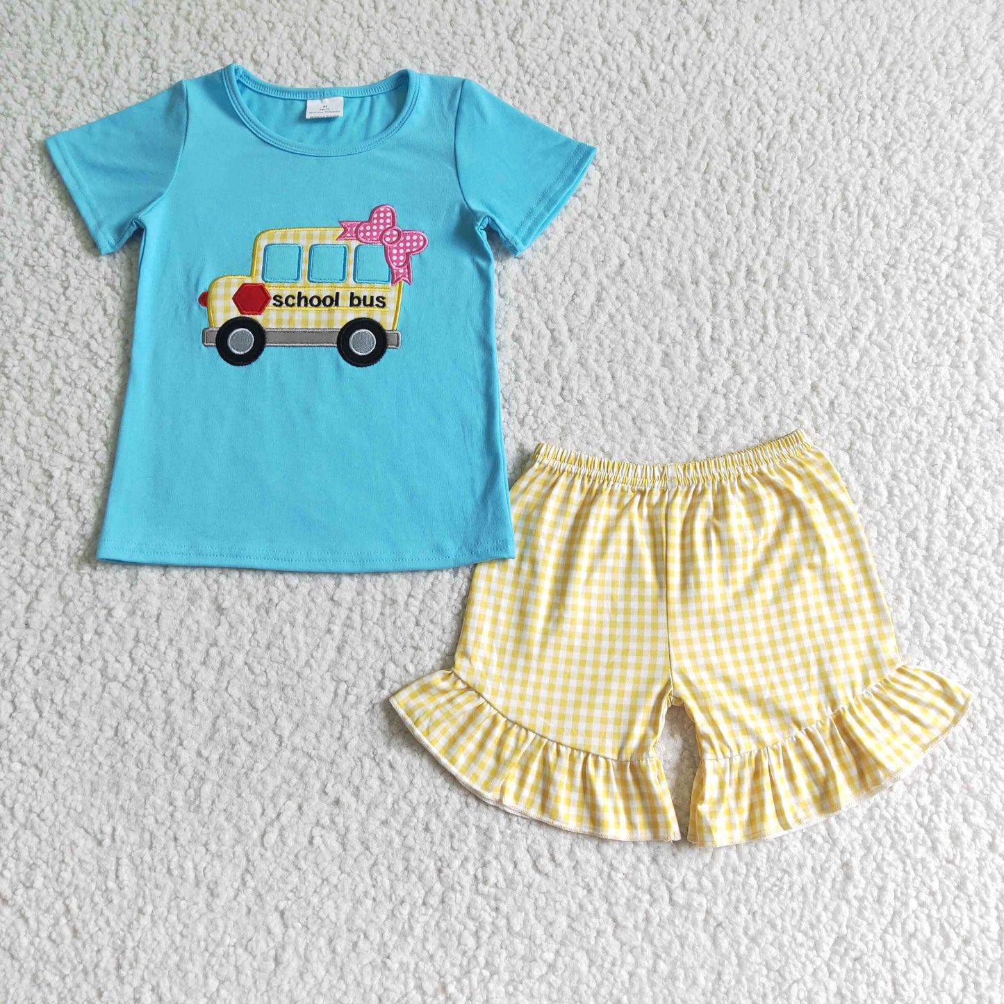 GSSO0093 School Bus Embroidery Blue Top Plaid Shorts Girls Back to School Clothes Set