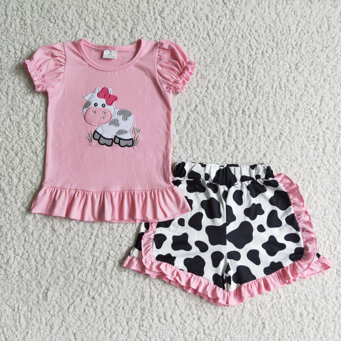 Cow Embroidery Pink Top Ruffle Shorts Girls Summer Outfits GSSO0105