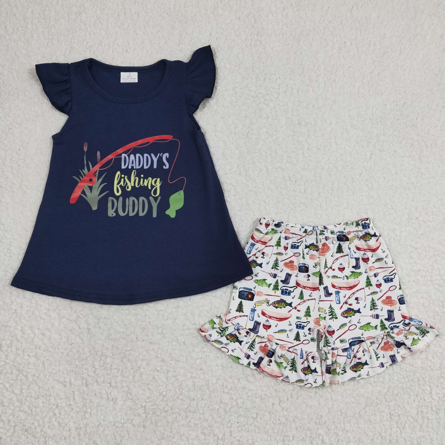 fishing vinyl navy top ruffle shorts Girls summer outfits GSSO0165