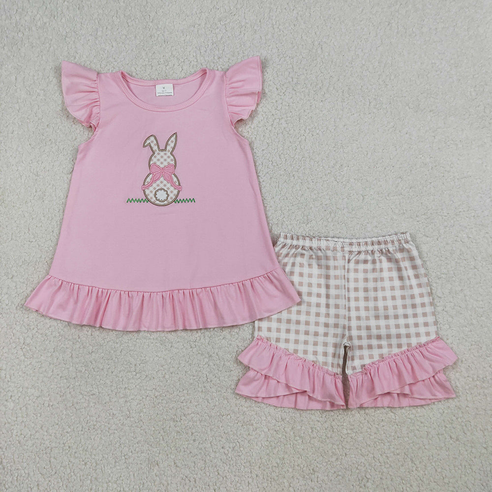 Bunny Embroidery Top Plaid Shorts Girls & Boys Easter Outfits Sibling Matching Styles