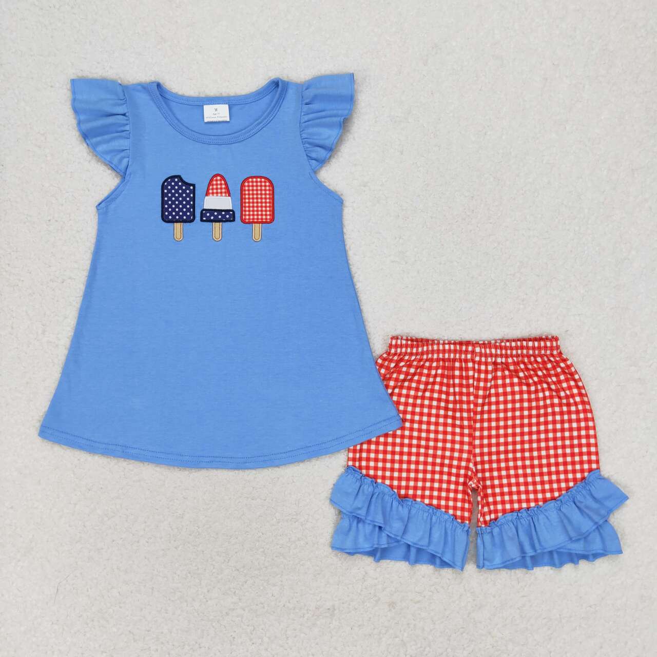 GSSO0860 Popsicle Embroidery Blue Top Plaid Shorts Girls 4th of July Outfits
