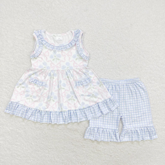 Sibling Baby Girls Bows Flowers Pockets Tunic Ruffle Shorts Clothes Sets Romper