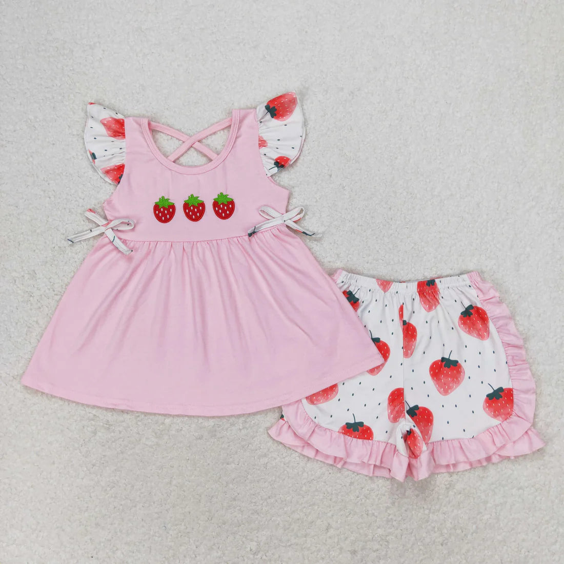 Sibling Baby Girls Flutter Sleeve Embroidery Strawberry Tunic Top Ruffle Shorts Clothes Set