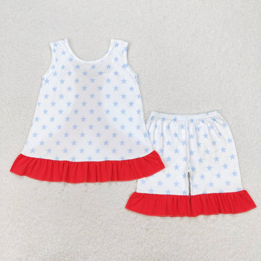 GSSO1217 Blue Stars Backless Top Ruffle Shorts Baby Girls 4th of July Clothes Sets