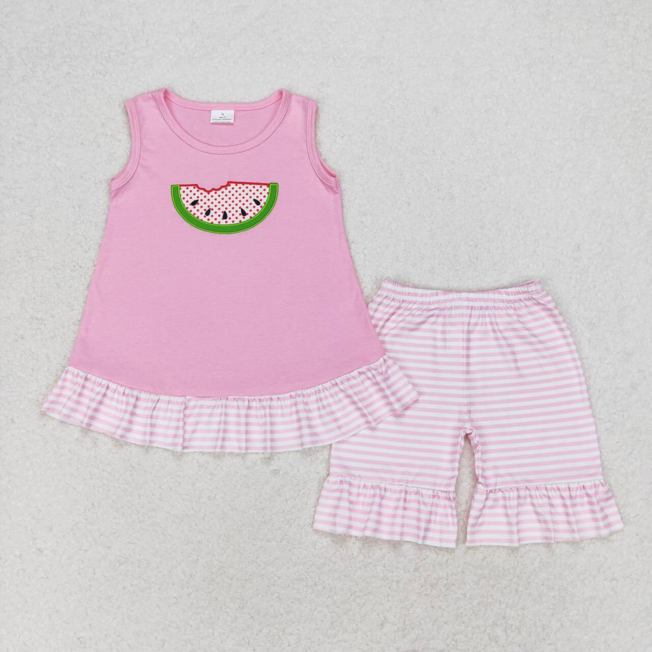 GSSO1239 Watermelon Embroidery Sleeveless Top Pink Stripes Shorts Girls Summer Clothes Set