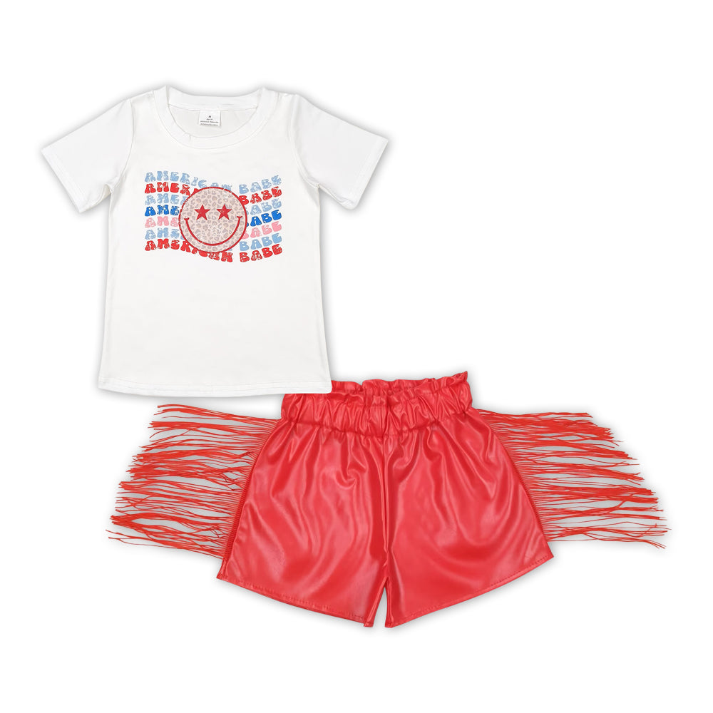 GSSO1421 American Babe Top & Red Leather Tassel Shorts Girls 4th of July Outfits