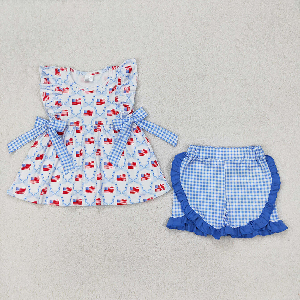 GSSO1684 Flag Bows Tunic Top Blue Plaid Shorts Baby Girls 4th of July Clothes Set