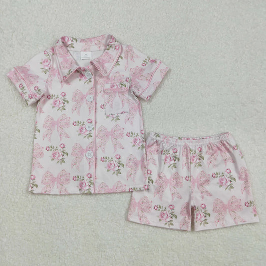 Sibling Baby Girls Colorful Bows Buttons Shirt Shorts Pajamas Outfit