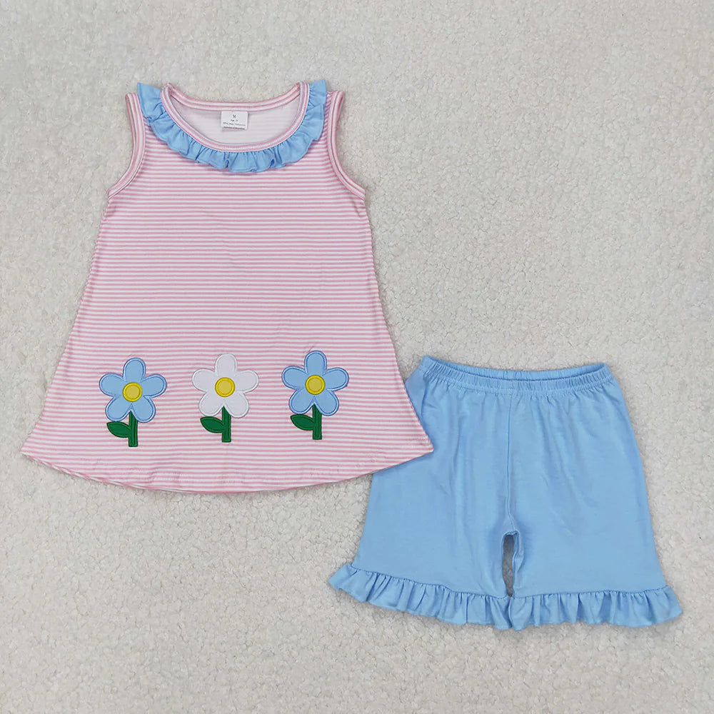 Embroidery Baby Girls Pink Stripes Flowers Tunic Ruffle Shorts Clothes Sets