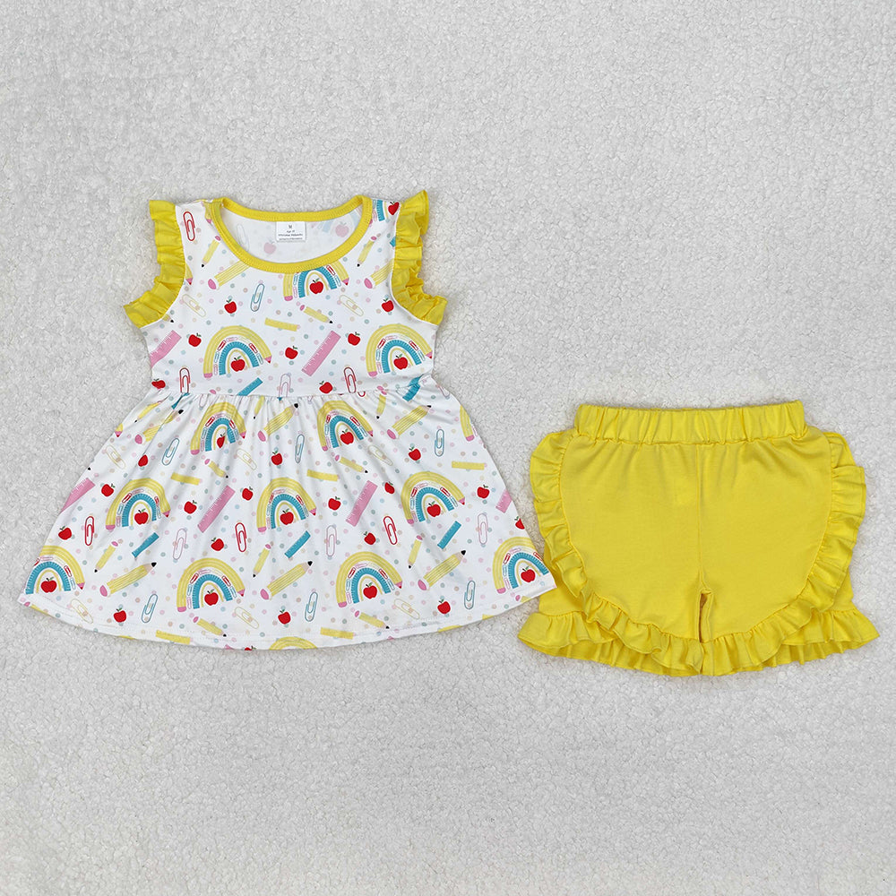 GSSO1913 Pen Rainbow Apple Tunic Top Yellow Ruffle Shorts Girls Back to School Clothes Set