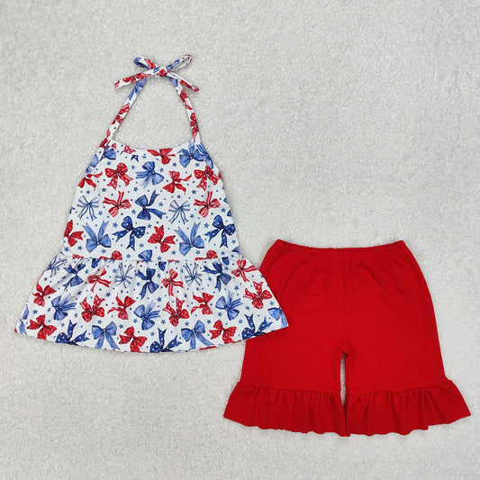 Sibling Baby Girls 4th of July Bows Halter Shorts Set Rompers