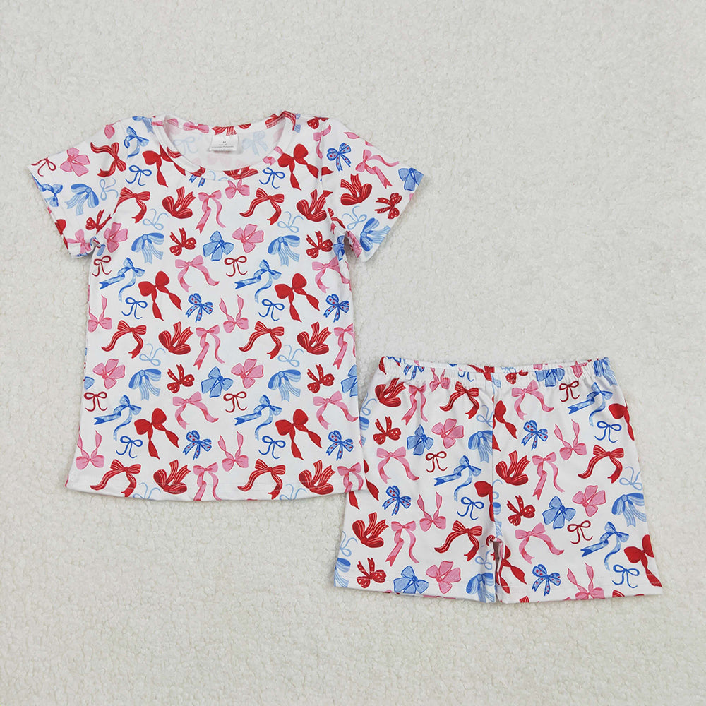 GSSO1992 Bows Print Shorts Baby Girls 4th of July Clothes Sets