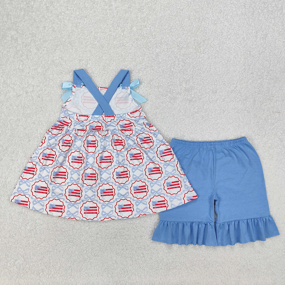 GSSO2074 Flag Bows Tunic Top Blue Shorts Baby Girls 4th of July Clothes Sets