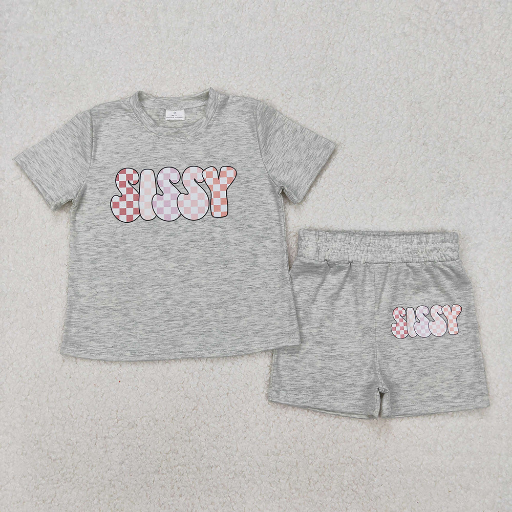 GSSO2135 SISSY Vinyl Grey Top Shorts Girls Summer Cotton Clothes Set