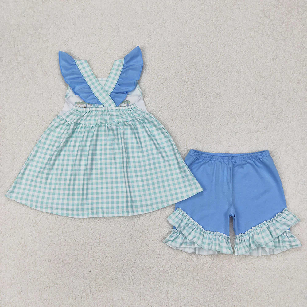 Baby Girls Green Fishes Straps Tunic Top Ruffle Shorts Clothes Sets