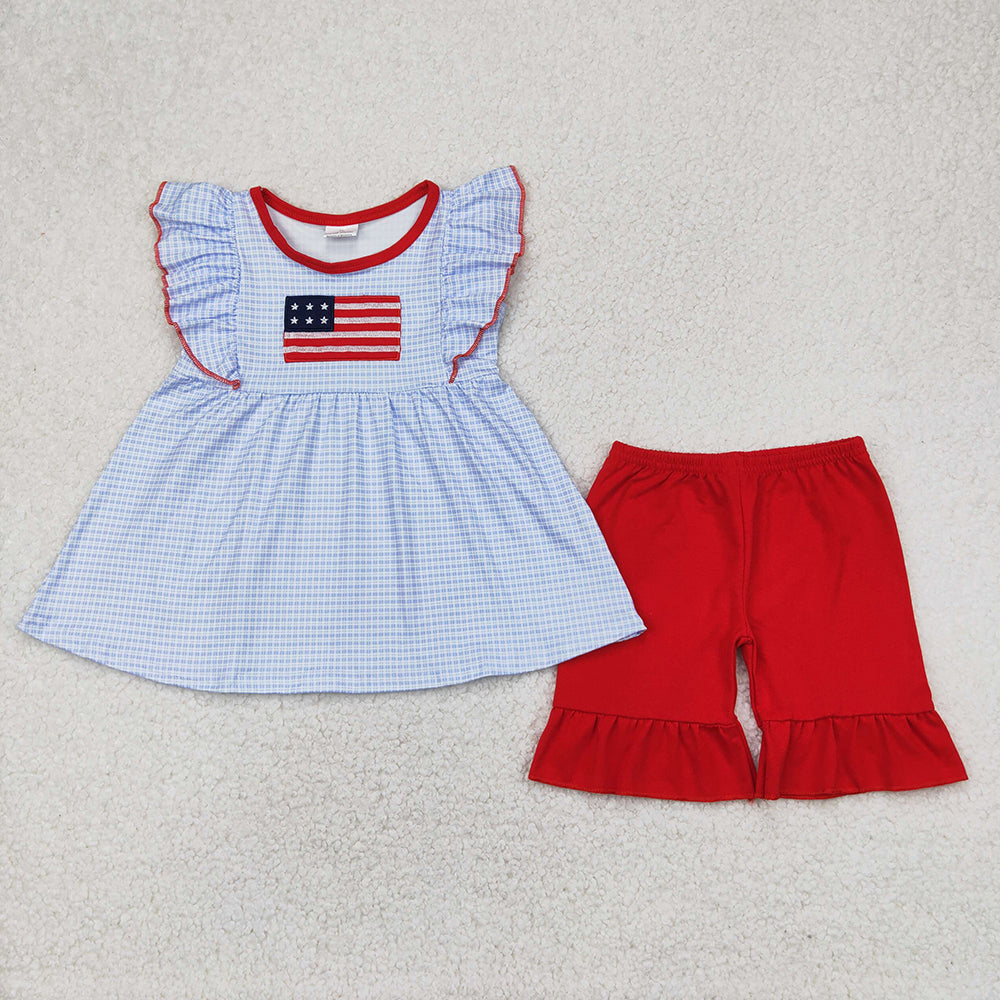 GSSO2238 Flag Embroidery Blue Plaid Tunic Top Red Shorts Baby Girls 4th of July Clothes Sets