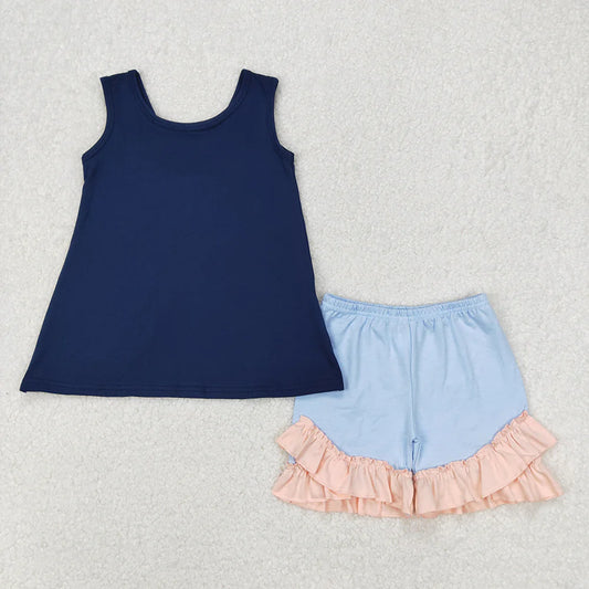 Baby Girls Navy Big Bow Back Tunic Tops Ruffle Shorts Clothes Sets